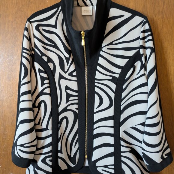 CHICOS - Black & Cream Patterned, Zippered Top - Picture 2 of 5